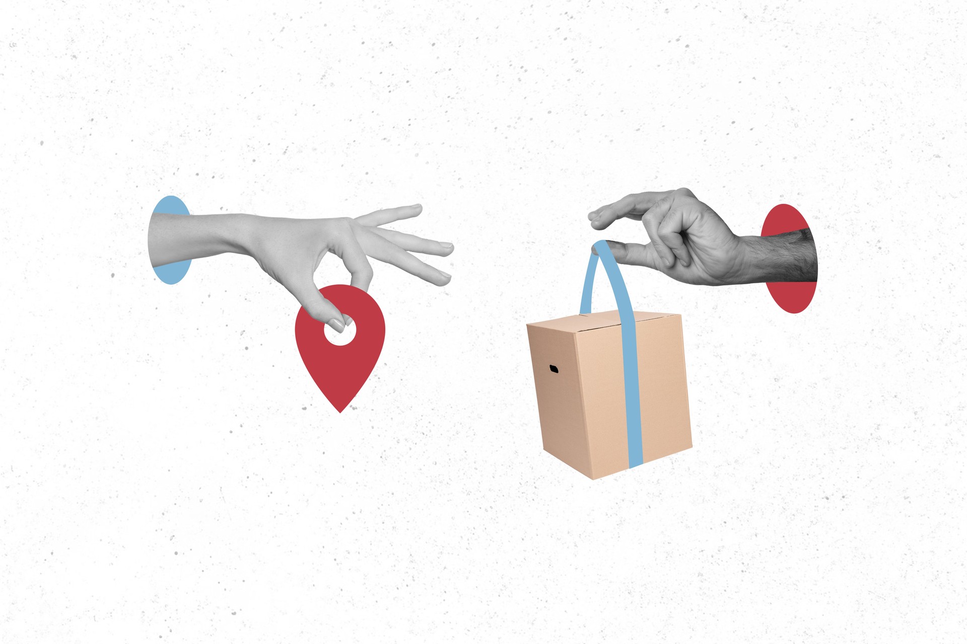 Template image collage photo of hands holding package delivery dropshipping parcel advertisement geotag isolated on white background