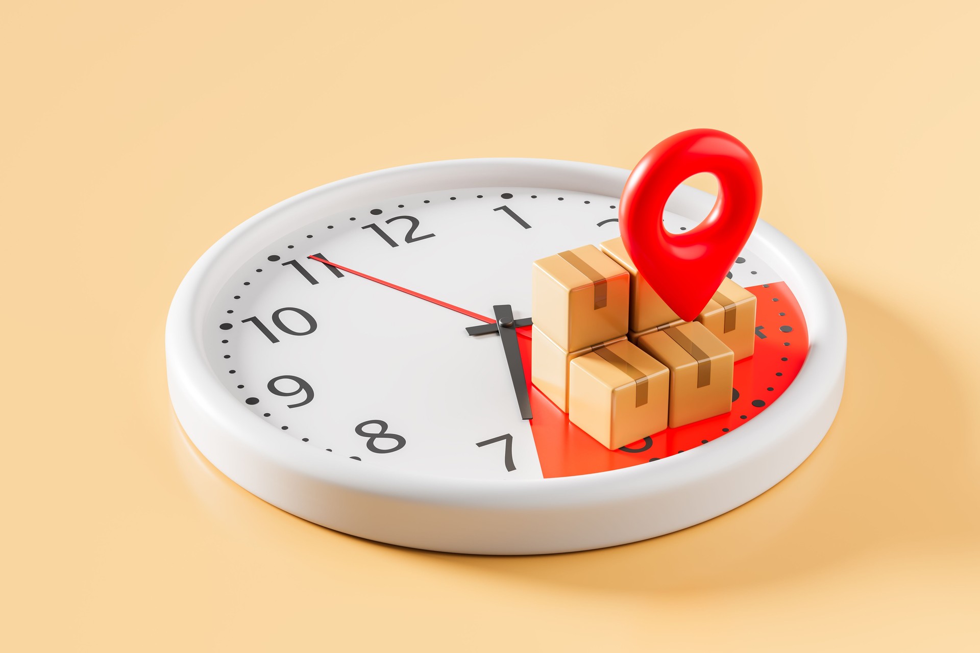 Delivery time management concept with cardboard boxes and red location pin on clock face over pastel background. 3D Rendering