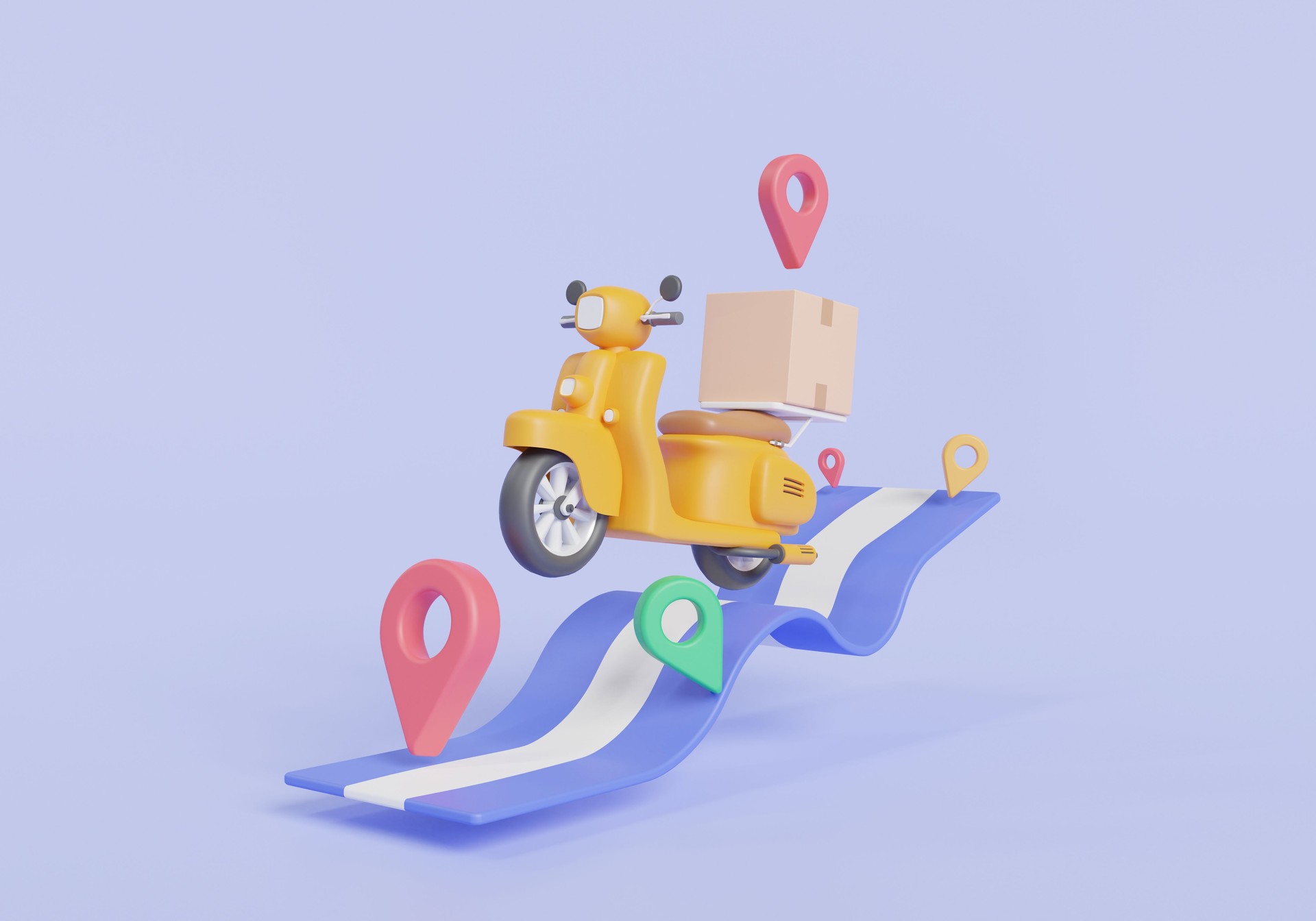 Delivery package by scooter with maps and navigation. Fast delivery service, online food order, fast courier, online shipping, parcel box. Concept for website and banner. 3d render illustration
